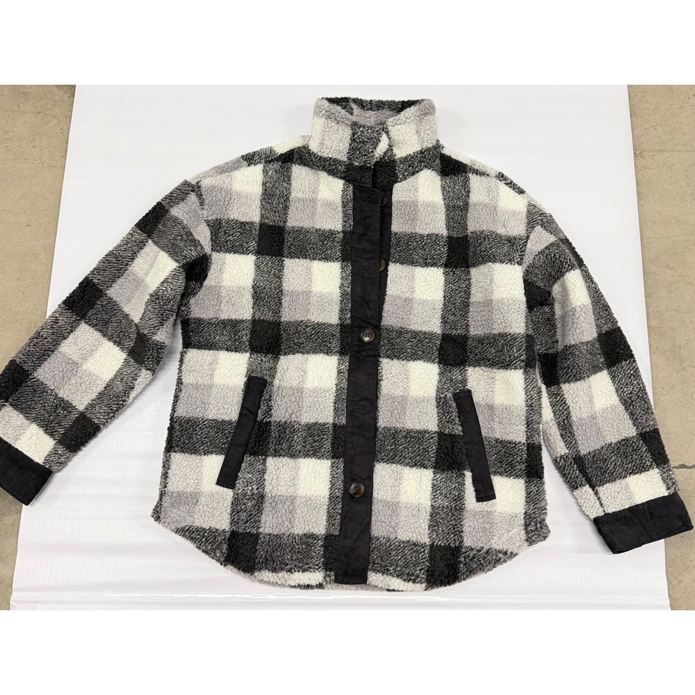 LILLUSORY Grey Plaid Sherpa Fleece Jacket Button Front Corduroy Trim Medium NEW